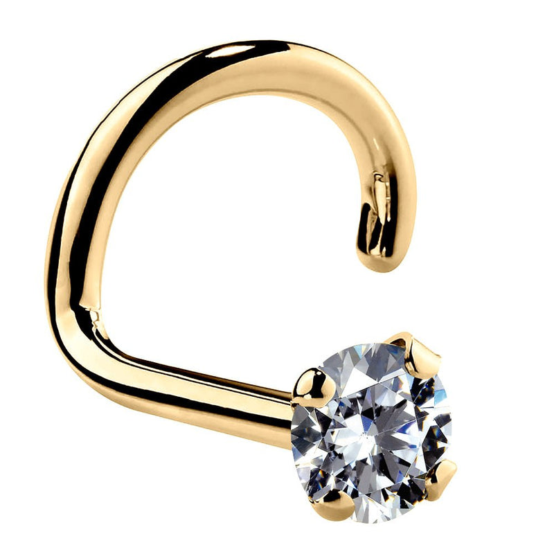 14k yellow gold CZ nose ring twist style, angled view showing warm gold tone and 2mm prong-set stone