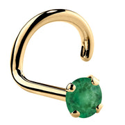 14K yellow gold genuine emerald twist nose ring with standard 2mm prong-set green emerald stone