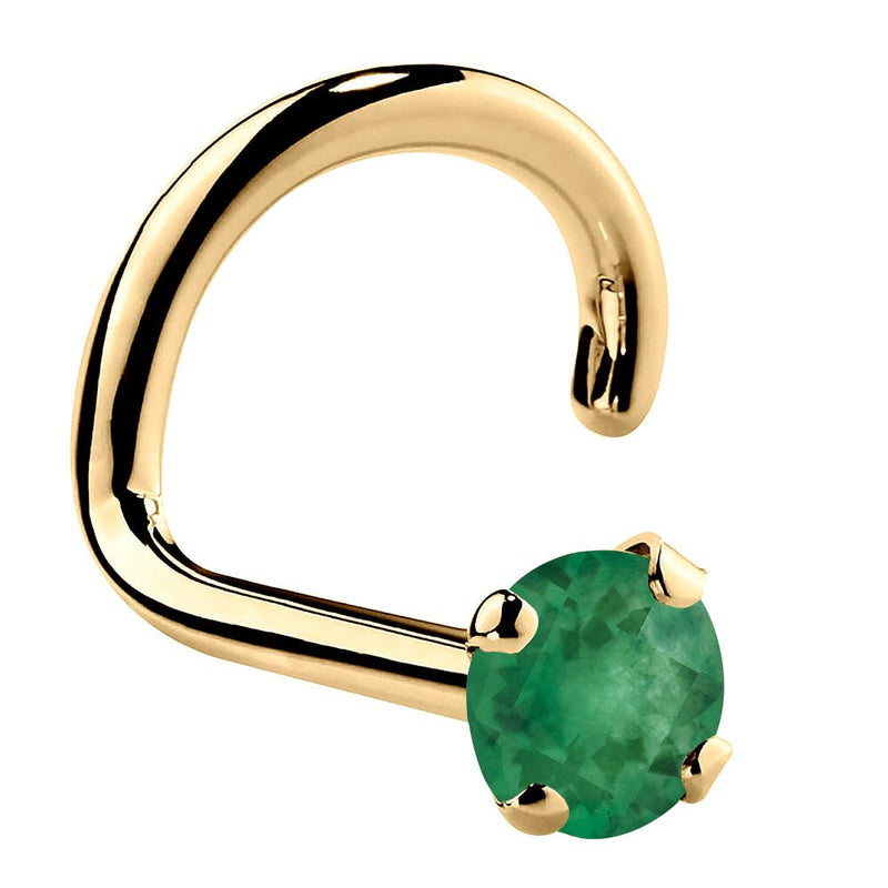14K yellow gold genuine emerald twist nose ring with standard 2mm prong-set green emerald stone