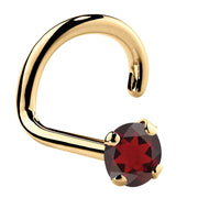 14K yellow gold garnet nose ring twist style with 2mm standard red garnet in prong setting