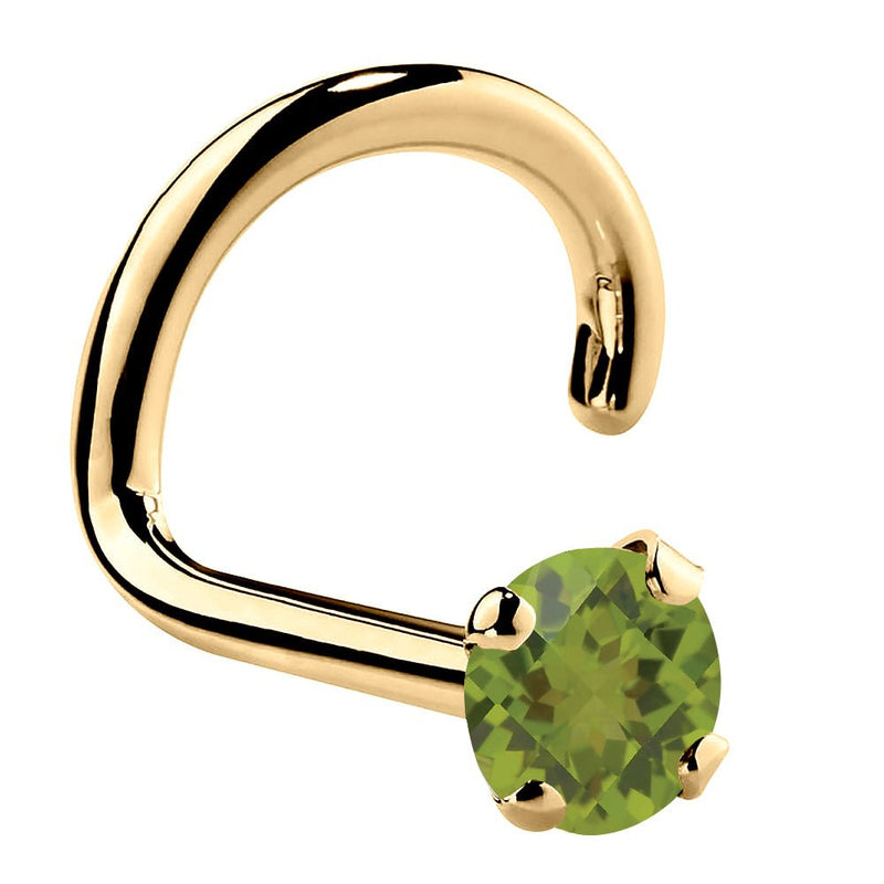 14K yellow gold peridot nose ring twist style with 2mm genuine green stone, side profile