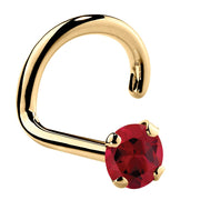 14K yellow gold genuine ruby twist nose ring with 2mm standard red stone in four-prong setting
