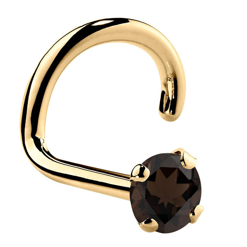 14K yellow gold smokey quartz twist nose ring with 2mm standard round brown stone, side view