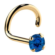 14K yellow gold genuine sapphire twist nose ring with 2mm standard round stone, angled product view
