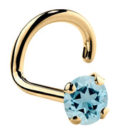 14K yellow gold aquamarine nose ring twist style with 3mm large round blue gemstone