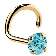 14K yellow gold twist nose ring with 3mm genuine blue zircon, large stone four-prong setting