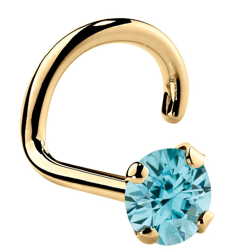 14K yellow gold twist nose ring with 3mm genuine blue zircon, large stone four-prong setting
