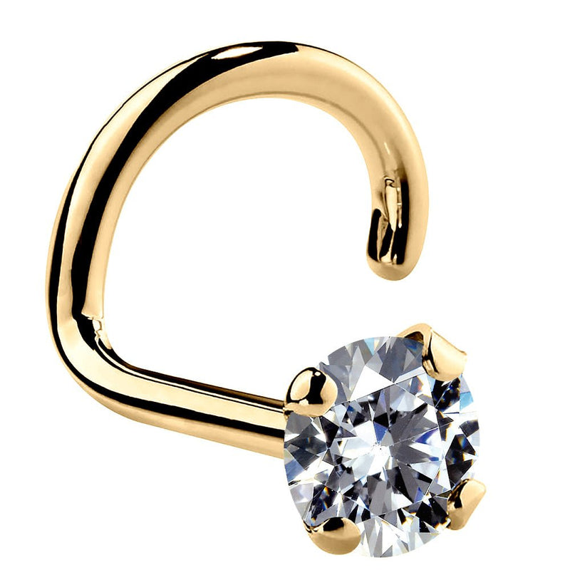 14k yellow gold CZ nose ring twist style with 3mm round cubic zirconia in 4-prong martini setting