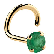 14K yellow gold genuine emerald twist nose ring with large 3mm prong-set green emerald stone