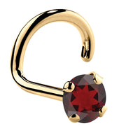 14K yellow gold garnet nose ring twist style with 3mm large genuine red garnet, side profile