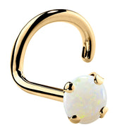 14K yellow gold genuine opal nose ring twist style, 3mm large opal in four-prong gold setting