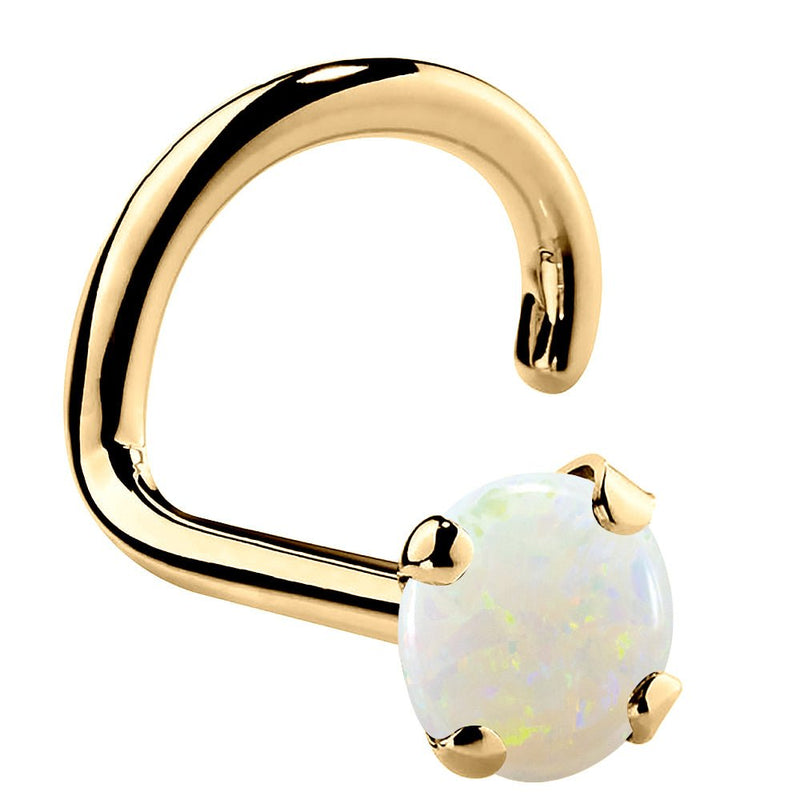 14K yellow gold genuine opal nose ring twist style, 3mm large opal in four-prong gold setting