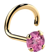 14K yellow gold pink tourmaline twist nose ring with 3mm large genuine stone, four-prong setting