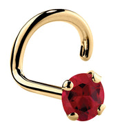 14K yellow gold genuine ruby twist nose ring with 3mm large red ruby, bold prong-set stone close-up