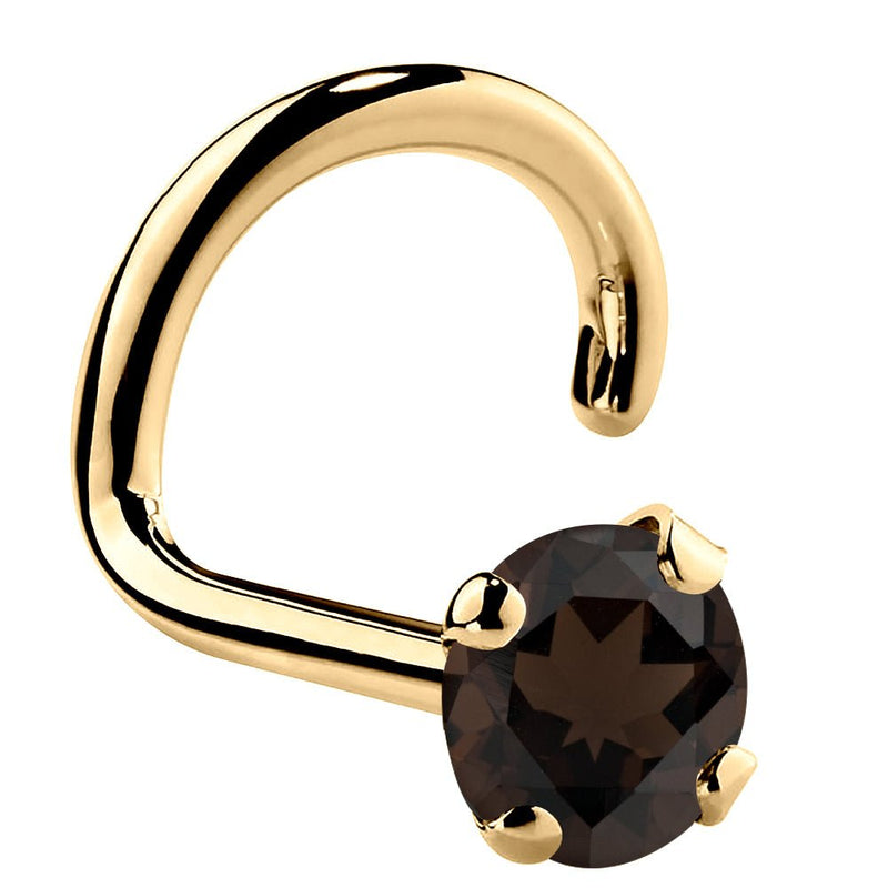 14K yellow gold smokey quartz twist nose ring with 3mm large brown stone in prong setting