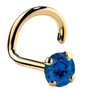 14K yellow gold blue sapphire twist nose ring with 3mm large stone, four-prong setting side view