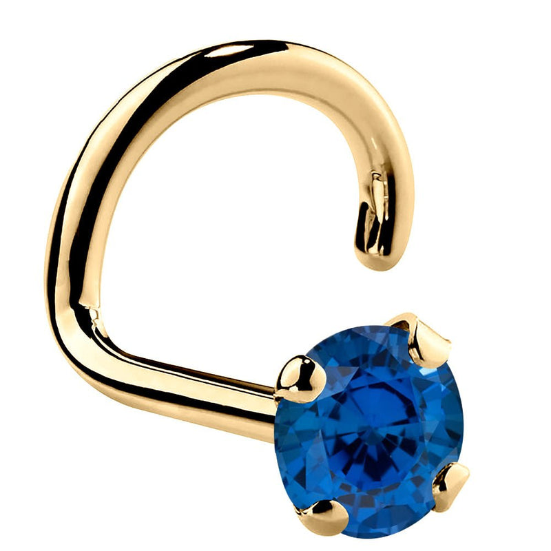 14K yellow gold blue sapphire twist nose ring with 3mm large stone, four-prong setting side view
