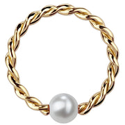 14K yellow gold twisted captive bead ring with cultured pearl, front view on white background
