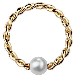 14K yellow gold twisted captive bead ring with cultured pearl, front view on white background