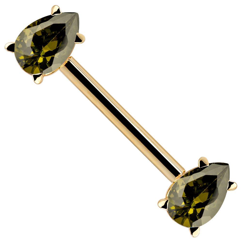 Peridot CZ Yellow Gold Teardrop 14k Gold Straight Barbell