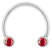 14k white gold circular barbell with red CZ bezel ends, smaller diameter front view