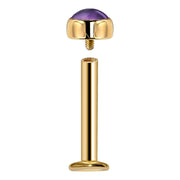 Exploded view of 14k yellow gold amethyst labret showing threaded gem end separated from flat back post