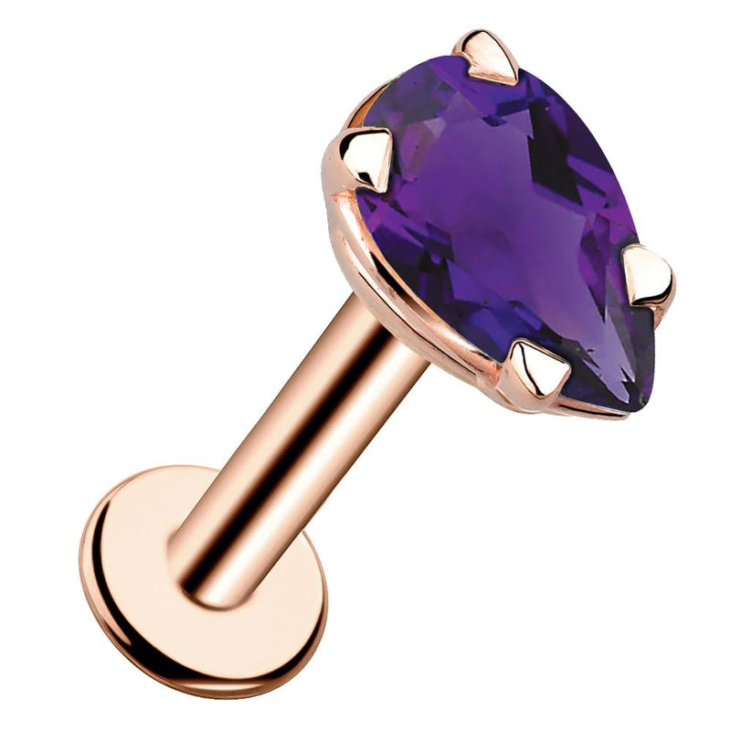 14k rose gold pear-cut amethyst flat back labret stud, angled view showing warm gold tone and prong setting