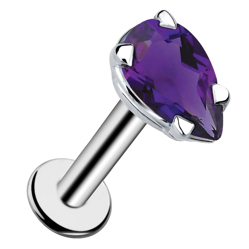 14k white gold pear-cut amethyst flat back labret stud, angled view showing cool silver-toned prong setting