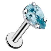 14k white gold aquamarine pear-shaped flat back labret stud with prong setting, angled view