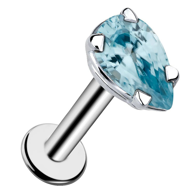 14k white gold aquamarine pear-shaped flat back labret stud with prong setting, angled view