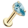 14k yellow gold aquamarine pear-shaped flat back labret stud with prong setting, angled view