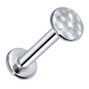 14k white gold hammered disc flat back labret showing cool-toned textured disc and barbell post
