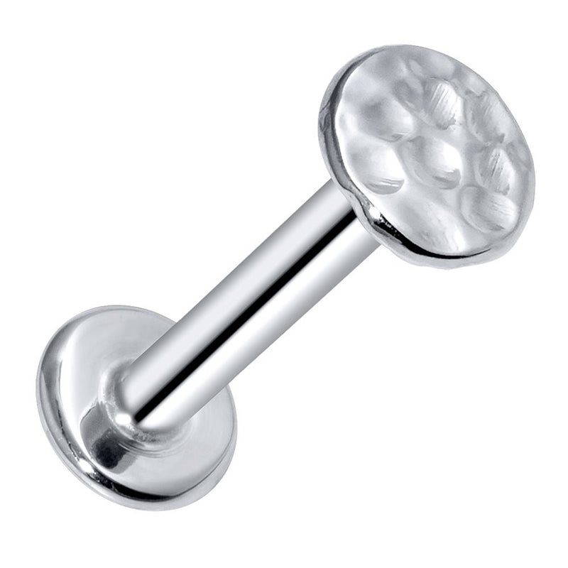 14k white gold hammered disc flat back labret showing cool-toned textured disc and barbell post
