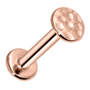 14k rose gold hammered disc flat back labret, angled view showing textured 4mm disc and post