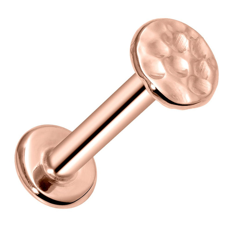 14k rose gold hammered disc flat back labret, angled view showing textured 4mm disc and post