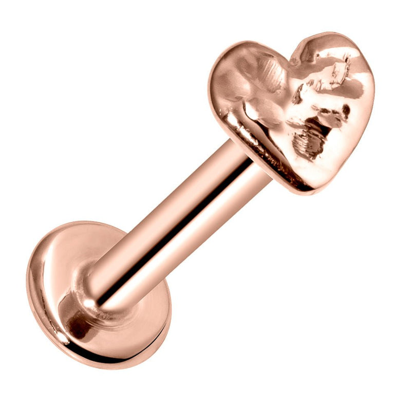14K rose gold hammered heart flat back labret, angled view showing warm rose tone and texture