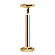 14K yellow gold flat back labret post disassembled, showing internally threaded connection
