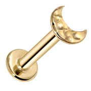 14K yellow gold hammered moon crescent flat back labret, front-facing product view on white background