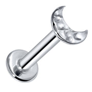 14K white gold hammered crescent moon flat back labret, front-facing product view on white background