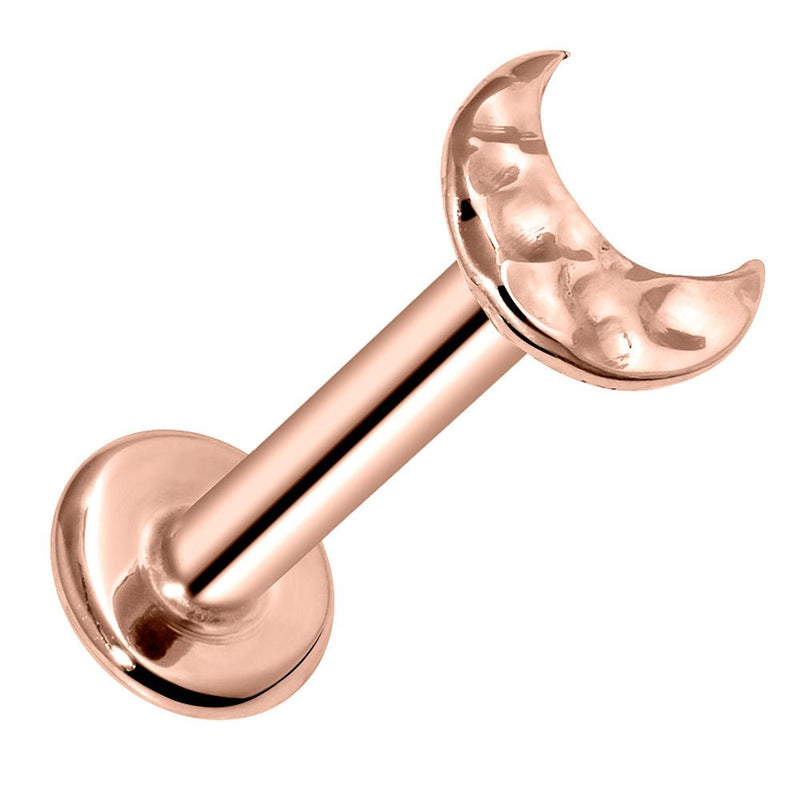 14K rose gold hammered crescent moon flat back labret, front-facing product view on white background