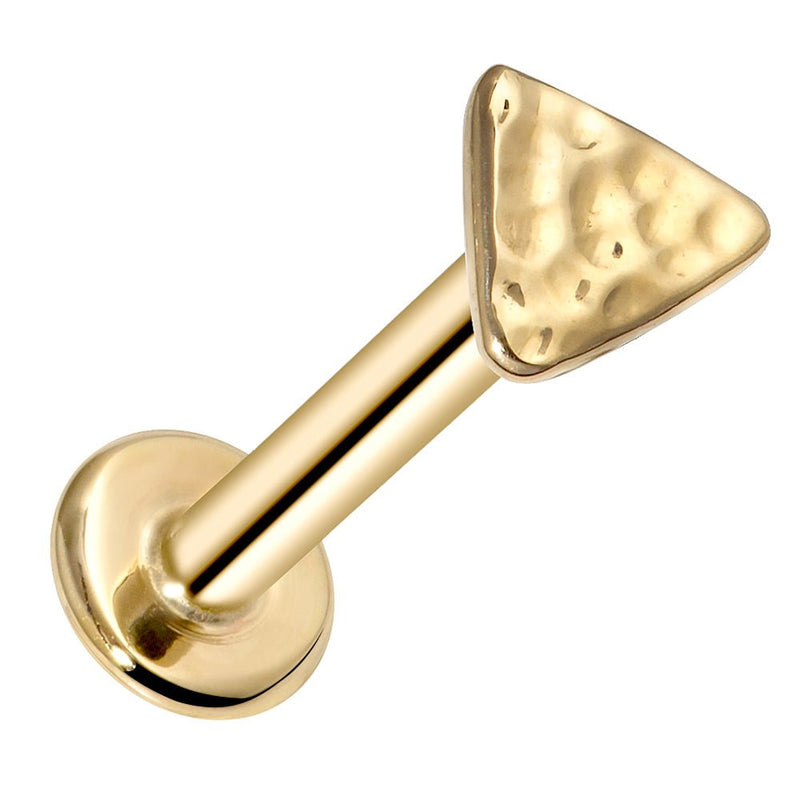 14K yellow gold hammered triangle flat back labret stud showing post and flat disc, angled view