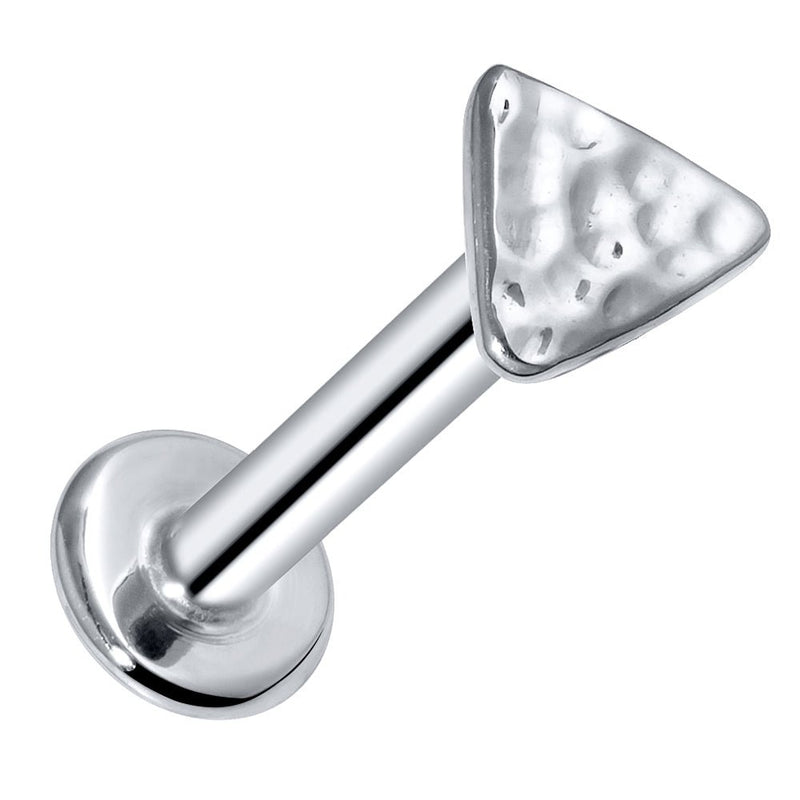 14K white gold hammered triangle flat back labret stud, angled product view showing post and disc