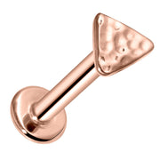 14K rose gold hammered triangle flat back labret stud, angled view showing warm pink-gold finish