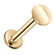 14K yellow gold 4mm disc flat back labret stud, front-angled view on white background