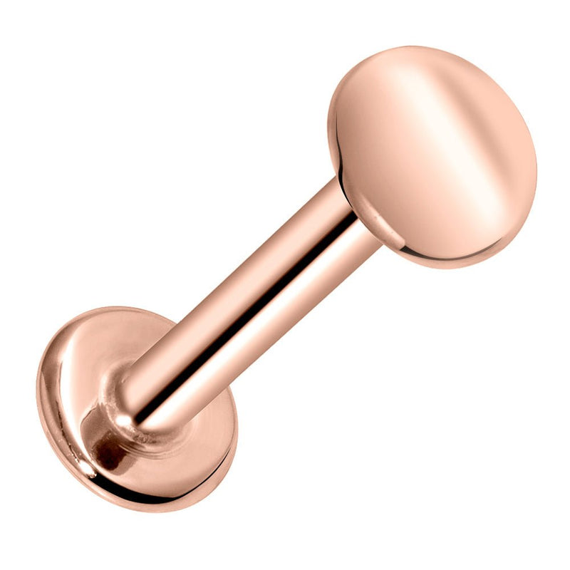 14K rose gold 4mm disc flat back labret stud, front-angled view on white background