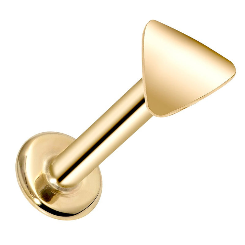 14k yellow gold polished triangle flat back labret stud, angled view showing post and disc backing