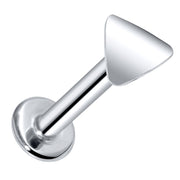 14k white gold polished triangle flat back labret stud, angled view showing post and disc backing