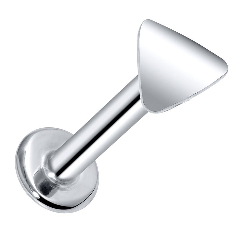 14k white gold polished triangle flat back labret stud, angled view showing post and disc backing