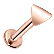 14k rose gold polished triangle flat back labret stud, angled view showing post and disc backing