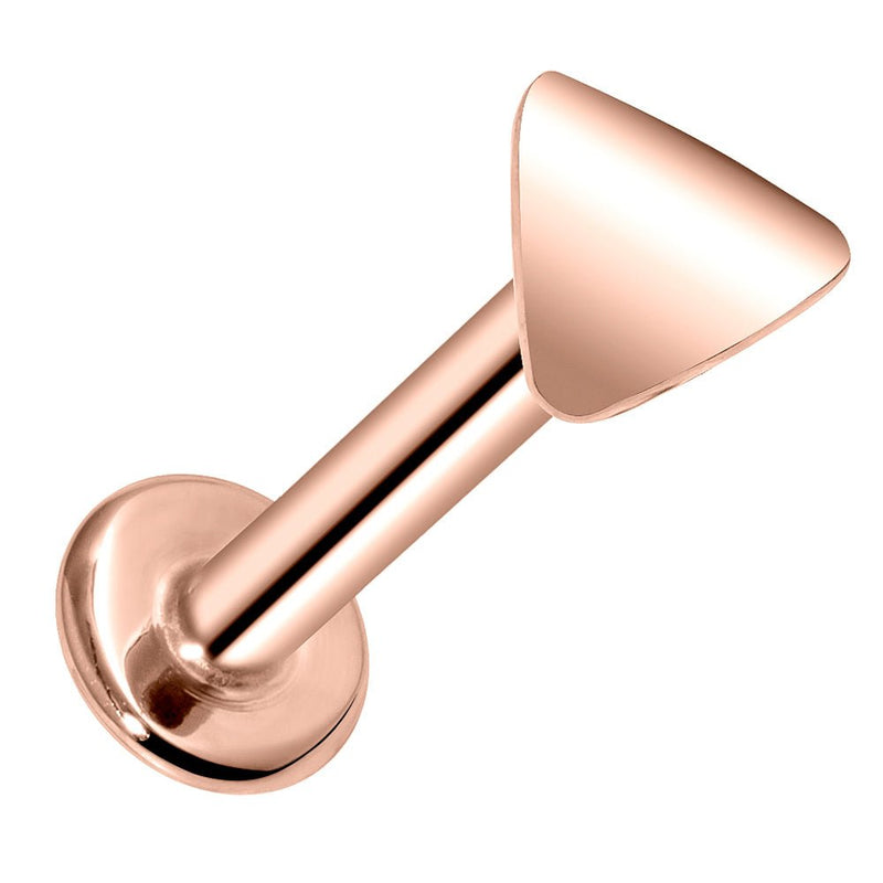 14k rose gold polished triangle flat back labret stud, angled view showing post and disc backing